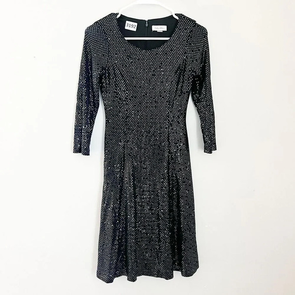 Calvin Klein Womens Black A Line Dress 2 Sequin Pleated Long Sleeve Semi-Formal - Picture 4 of 10